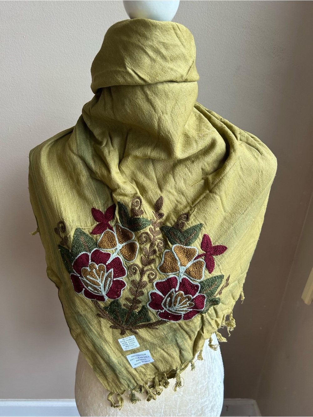 New Womens Green Embroidered Flowers Fringed Scarf BOHO New 5000-3102